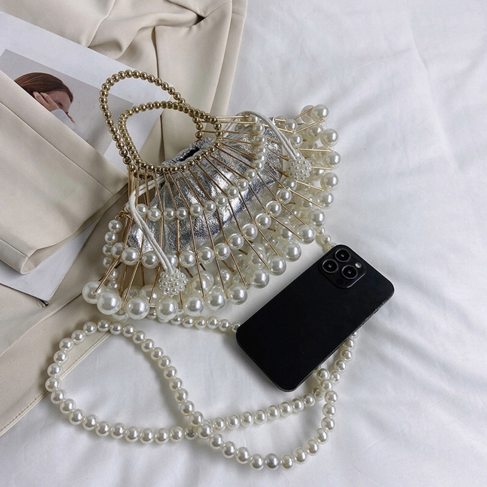 women's pearl chain oblique hollow handbag - Picture 13 of 16